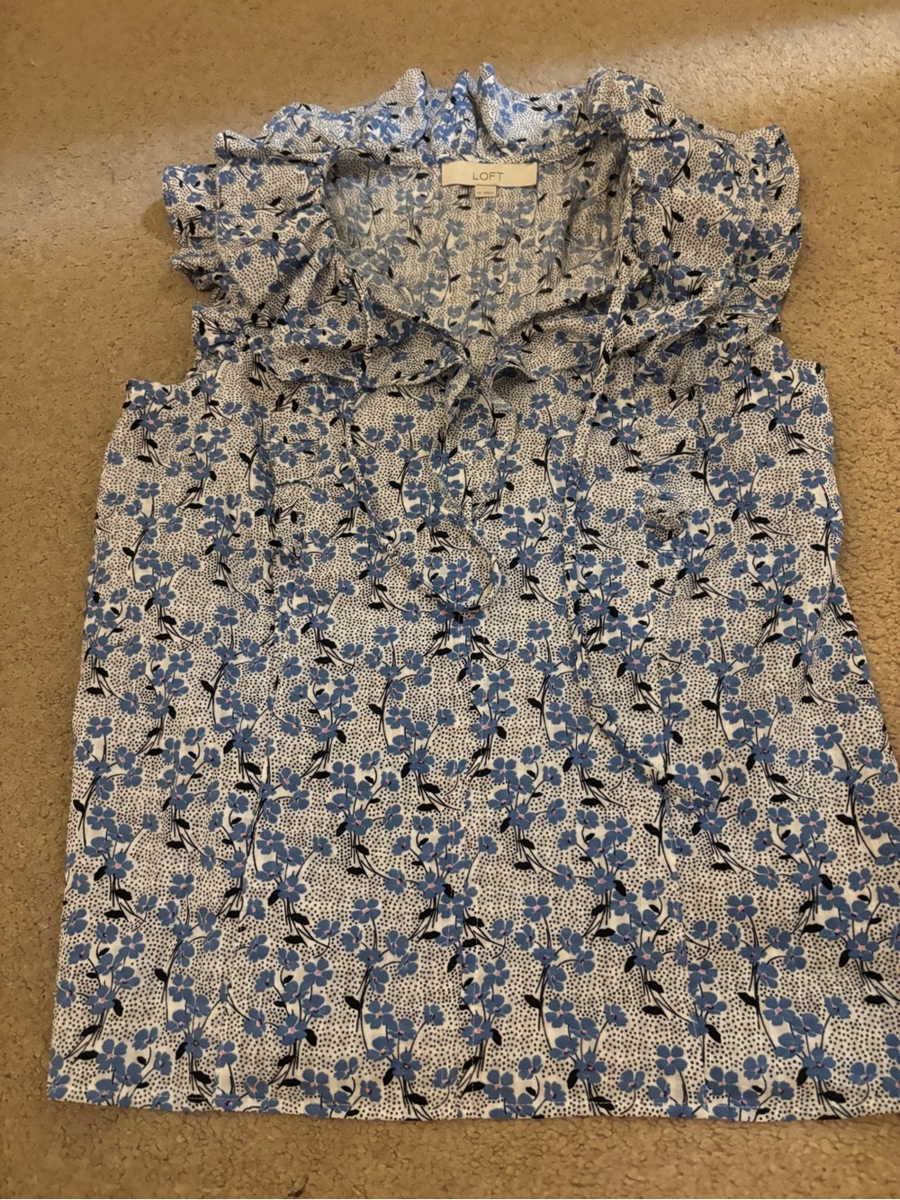 LOFT White and Blue Floral Ruffle Tie-Neck Blouse
